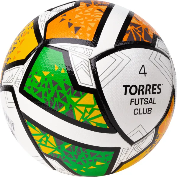 Мяч футзал. TORRES Futsal Club, FS323764, р.4, 10 пан. ПУ, 4 под. сл, гибрид. сш. бело-зел-оранж за 2&nbsp;264.40 ₽ в Тюмени